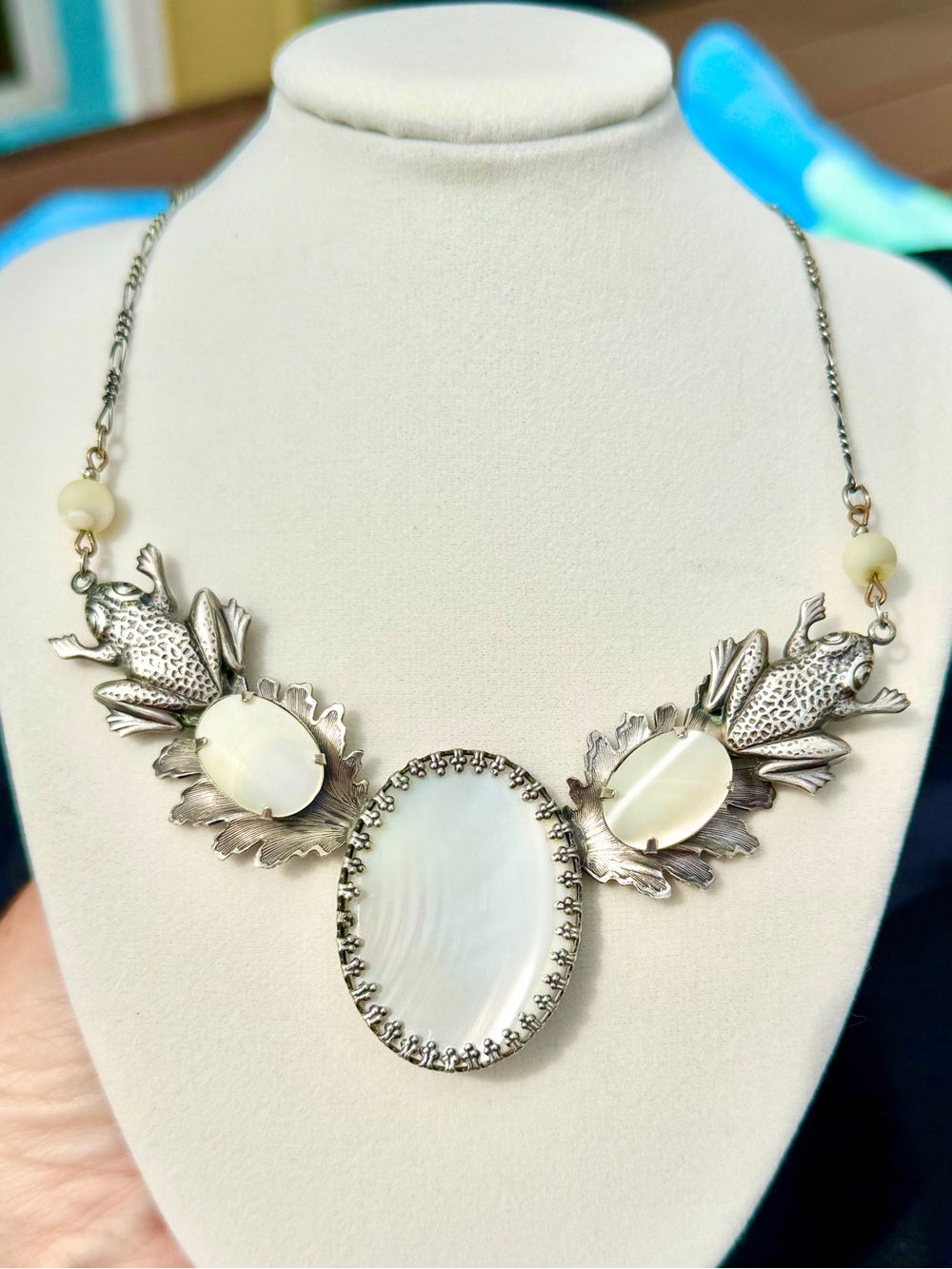 Elegant Silver-Tone Frog Necklace with Mother of Pearl Accents